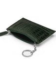 Flat leather card wallet with jotter and zip, green croc, open pocket, dark tan