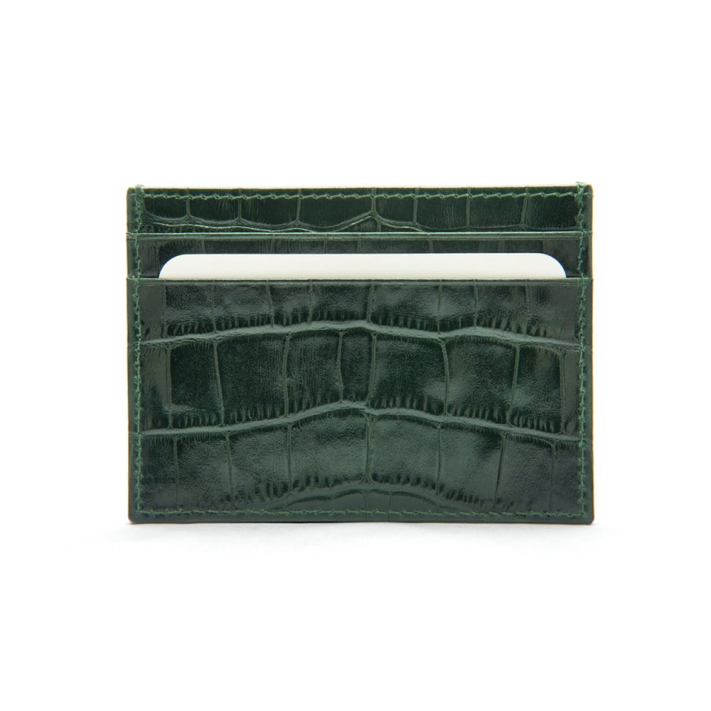 Flat leather credit card wallet 4 CC, green croc, front