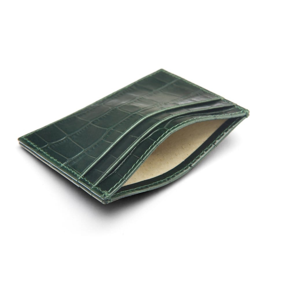 Flat leather credit card wallet 4 CC, green croc, inside