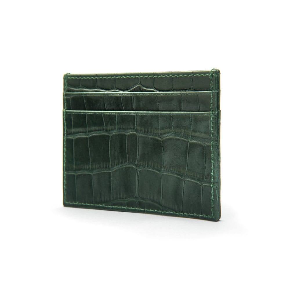 Flat leather credit card wallet 4 CC, green croc, side