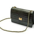 Leather chain bag, green croc, side view