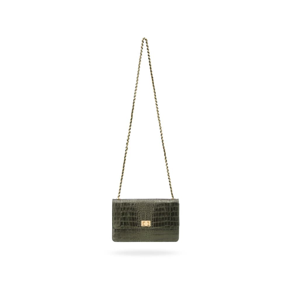 Leather chain bag, green croc, chain strap