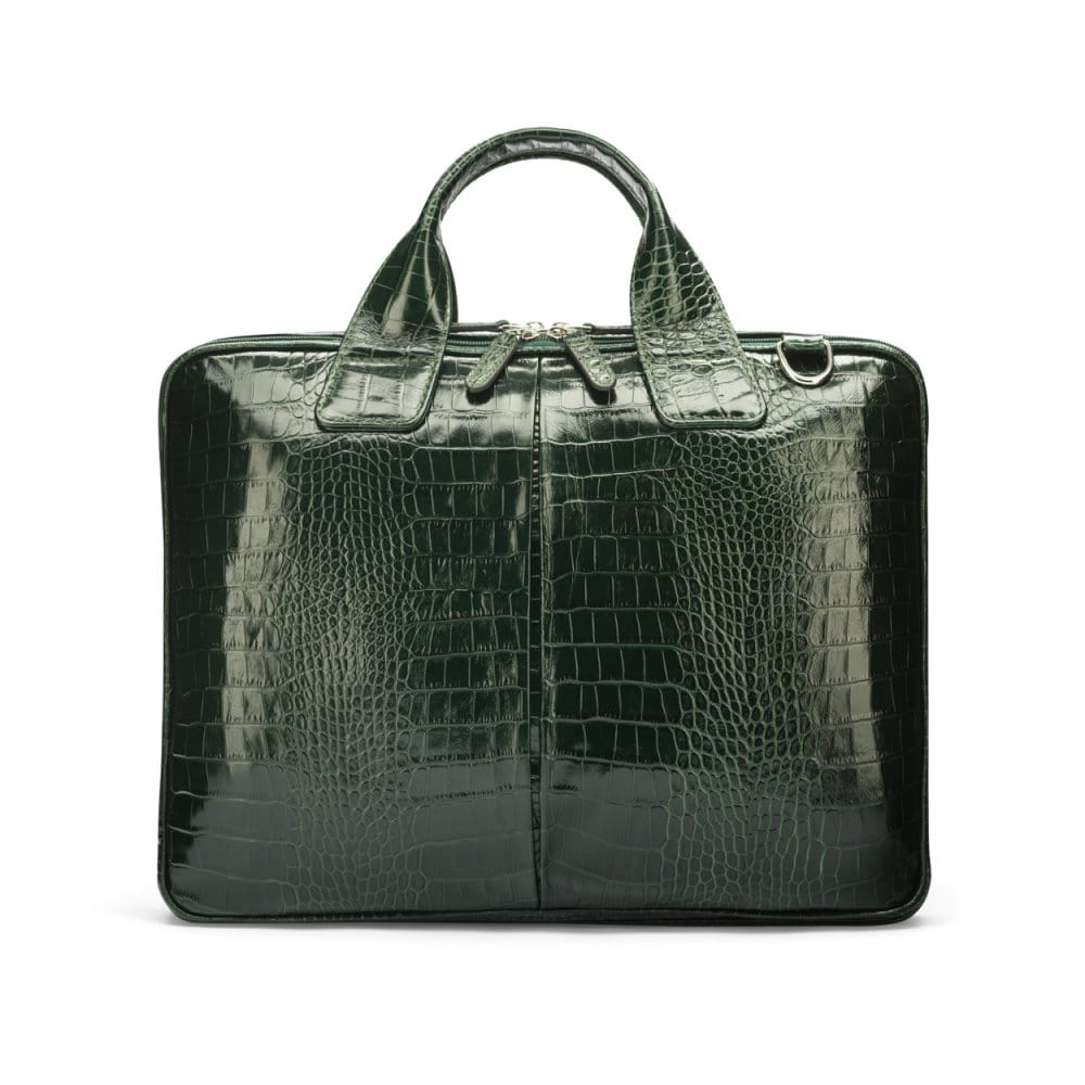 Leather 13&quot; laptop briefcase, green croc, front