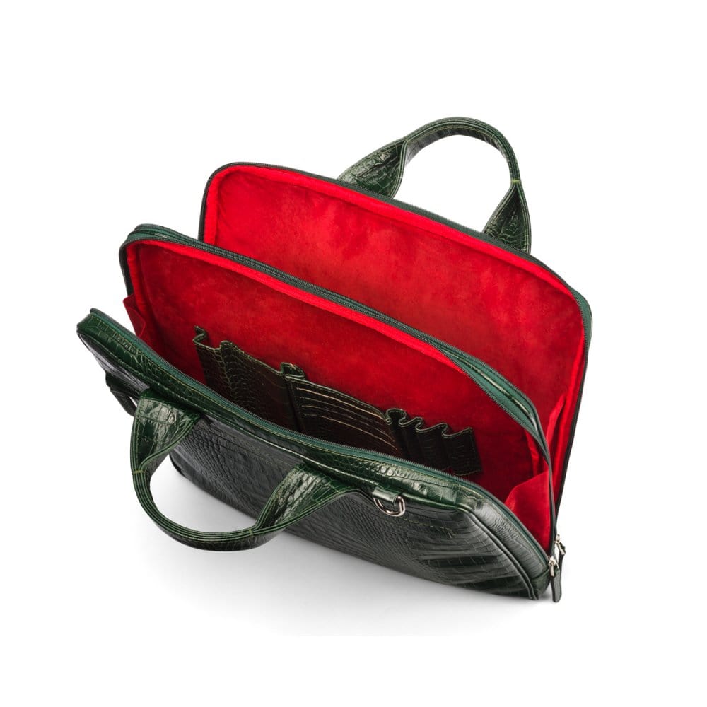 Leather 13" laptop briefcase, green croc, inside
