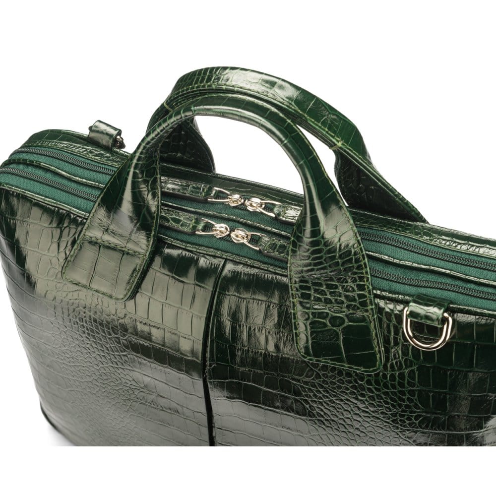 Leather 13" laptop briefcase, green croc, zip closure