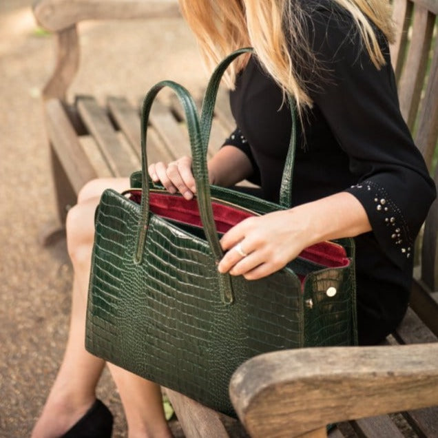 Ladies' leather 15" laptop handbag, green croc, lifestyle