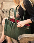 Ladies' leather 15" laptop handbag, green croc, lifestyle