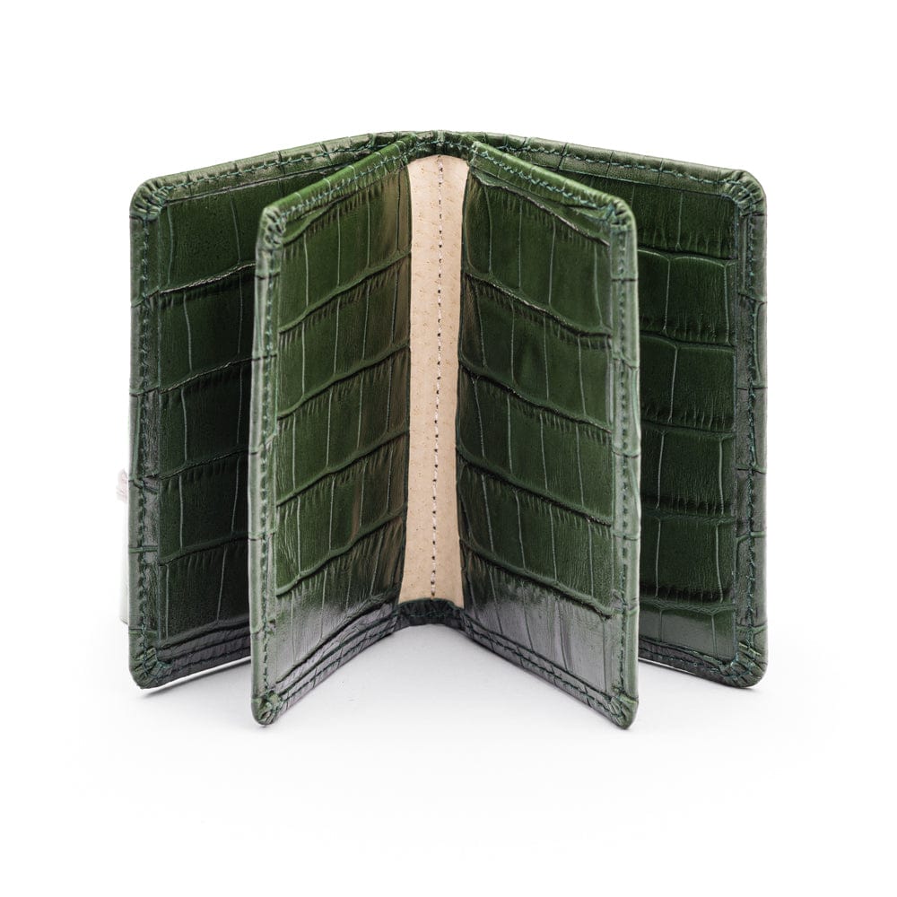 Leather bifold card wallet, green croc, open