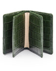 Leather bifold card wallet, green croc, open