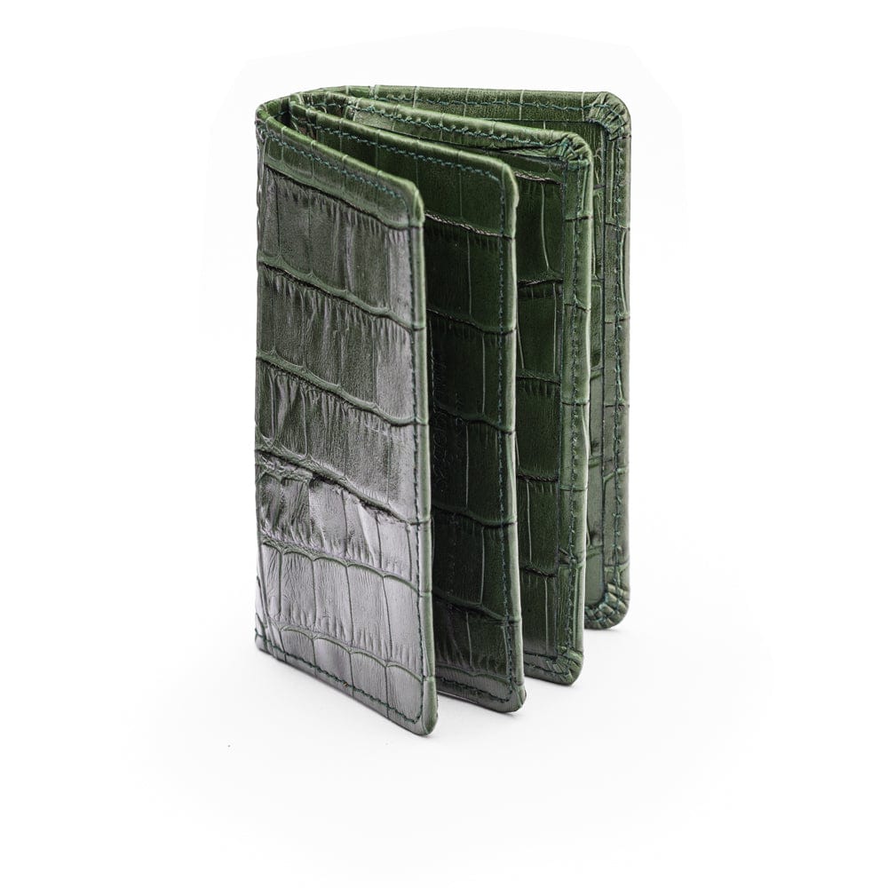 Leather bifold card wallet, green croc, front
