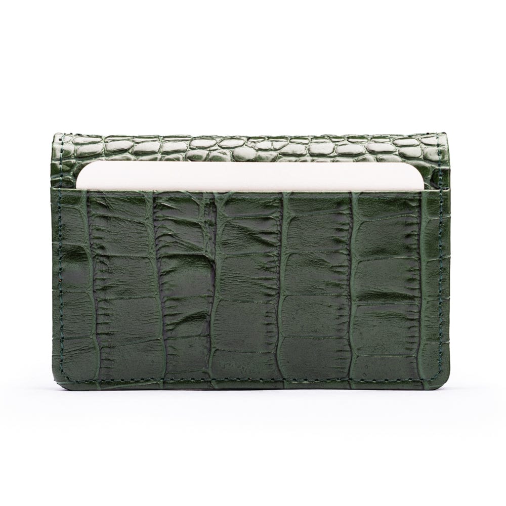Leather bifold card wallet, green croc, front view