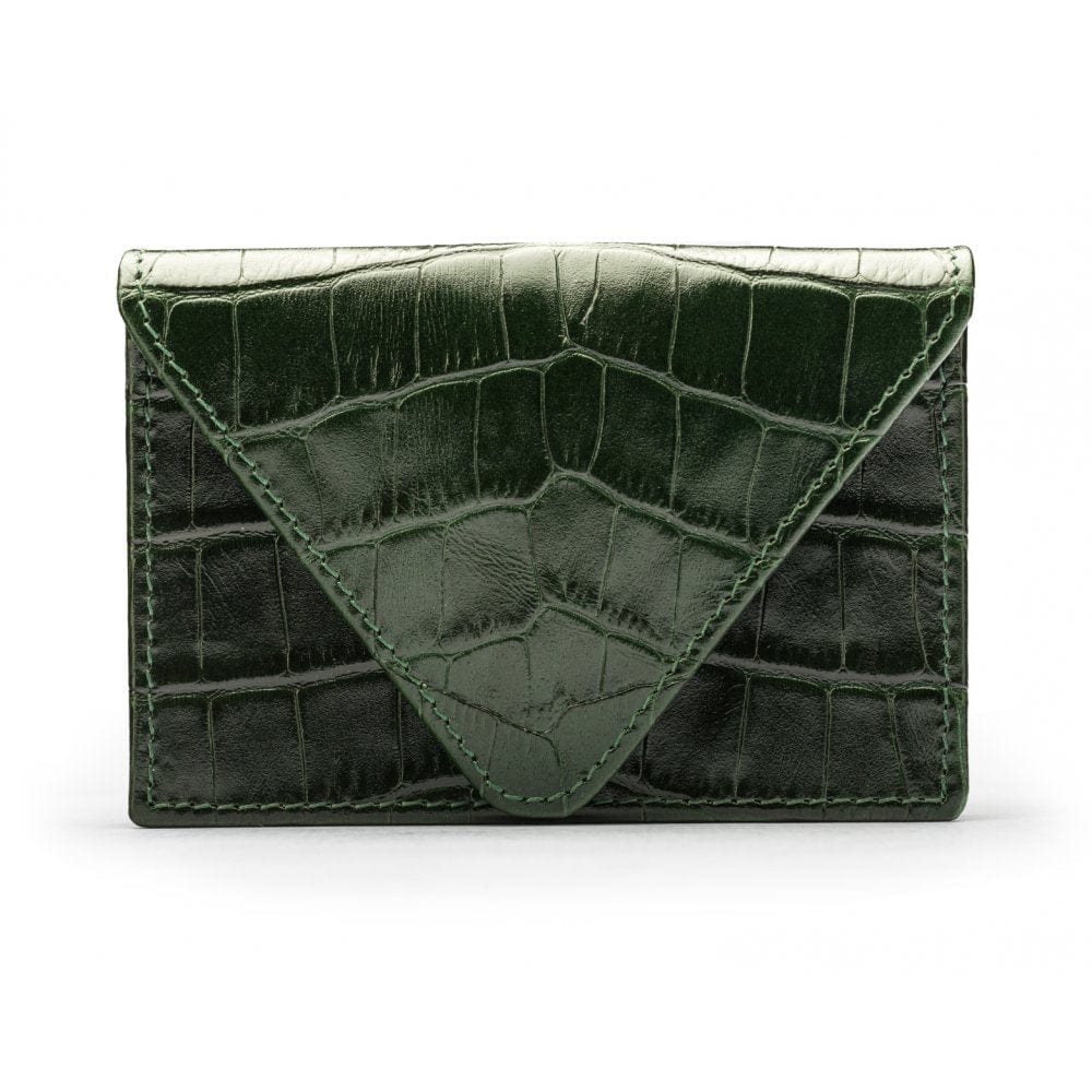 Leather business card envelope, green croc, front