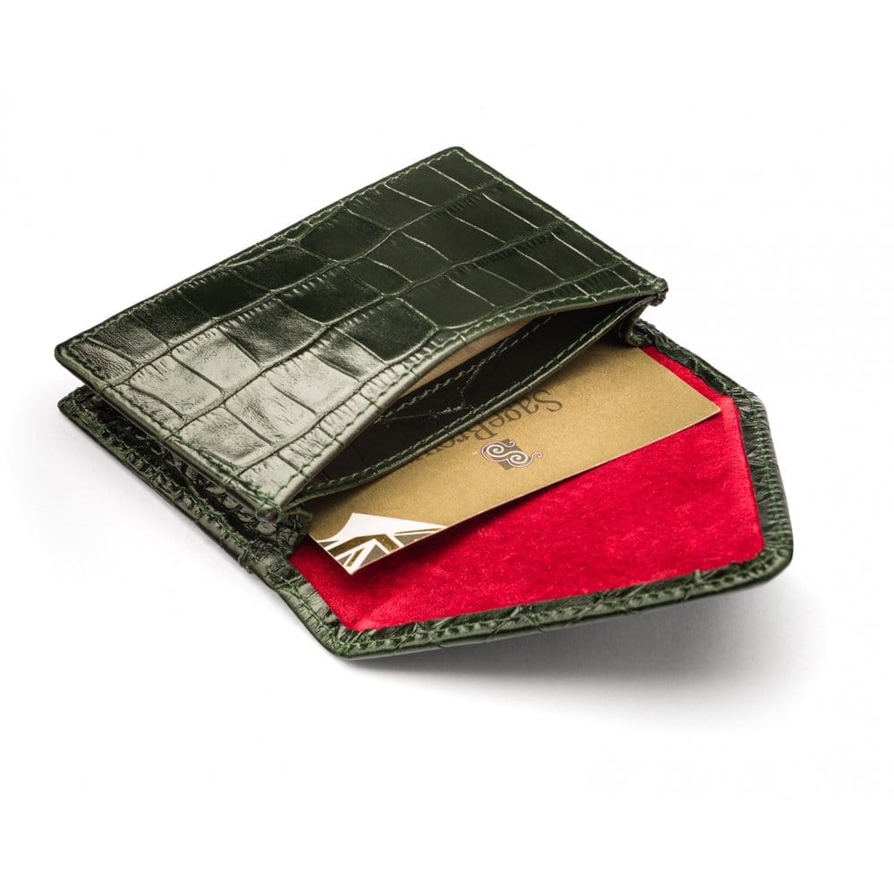 Leather business card envelope, green croc, inside