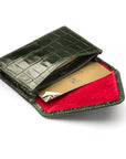 Leather business card envelope, green croc, inside