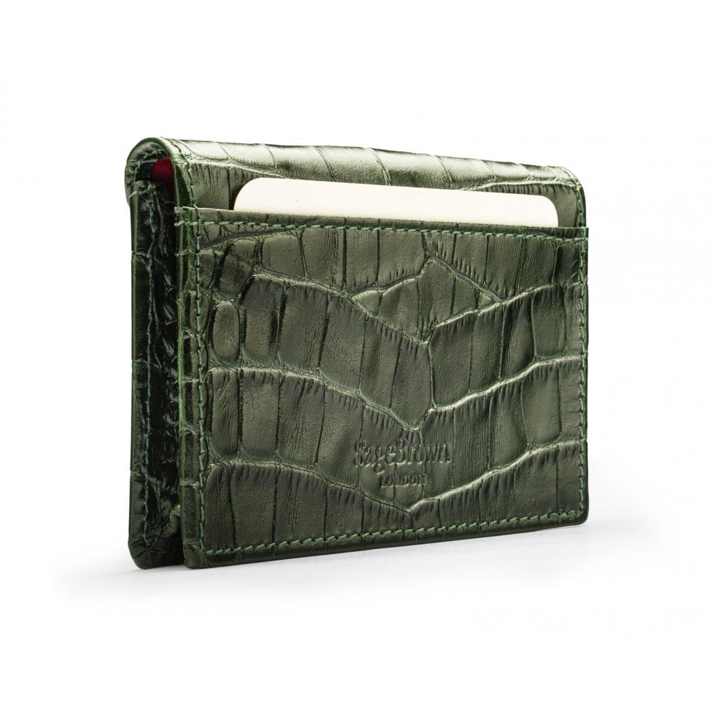 Leather business card envelope, green croc, back