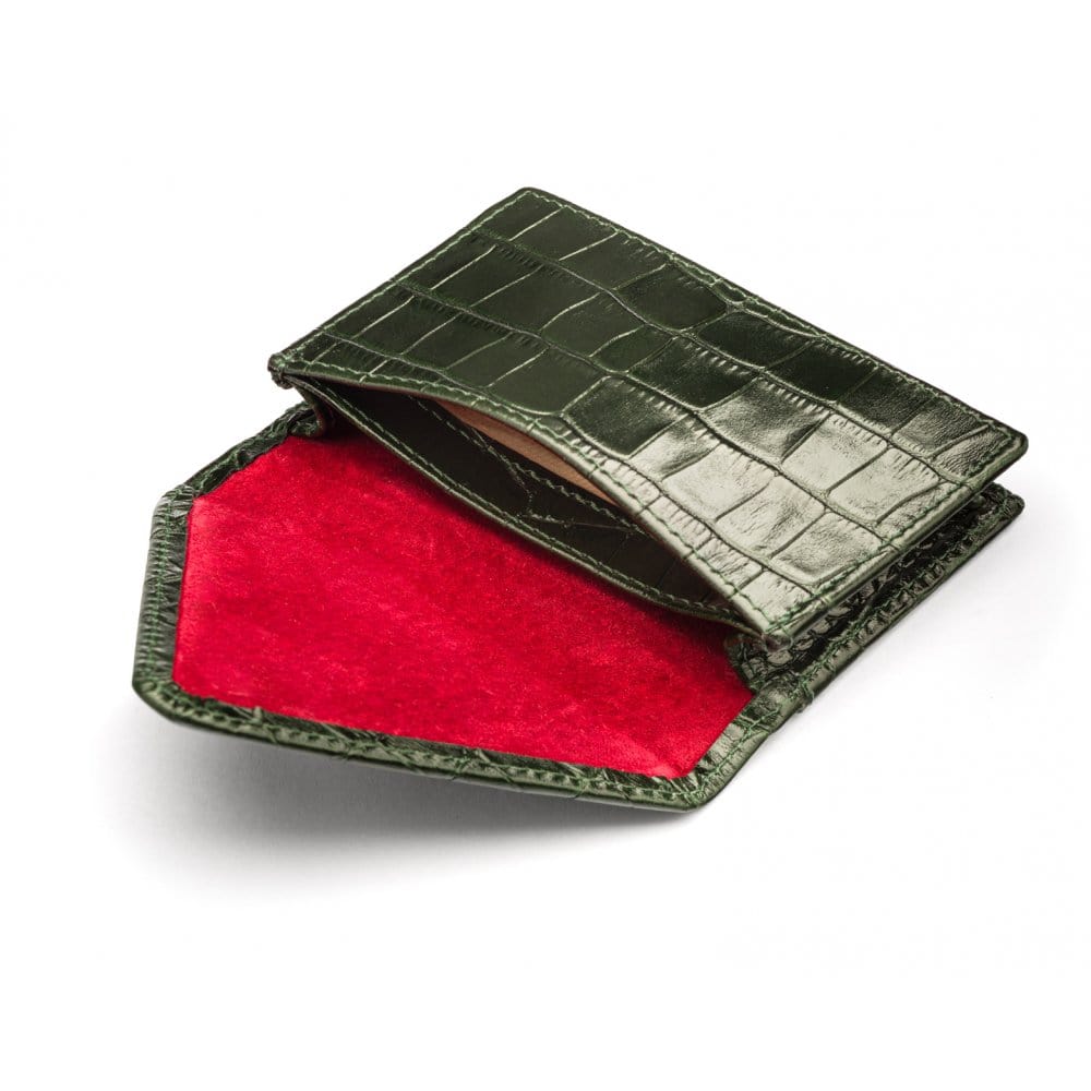 Leather business card envelope, green croc, open