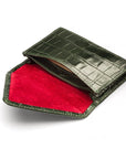 Leather business card envelope, green croc, open
