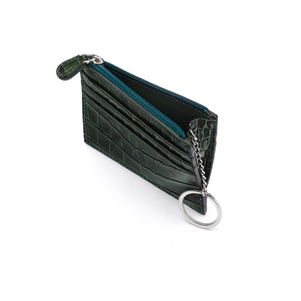 Leather card case with zip coin purse and key chain, green croc, open