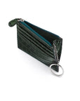 Leather card case with zip coin purse and key chain, green croc, open