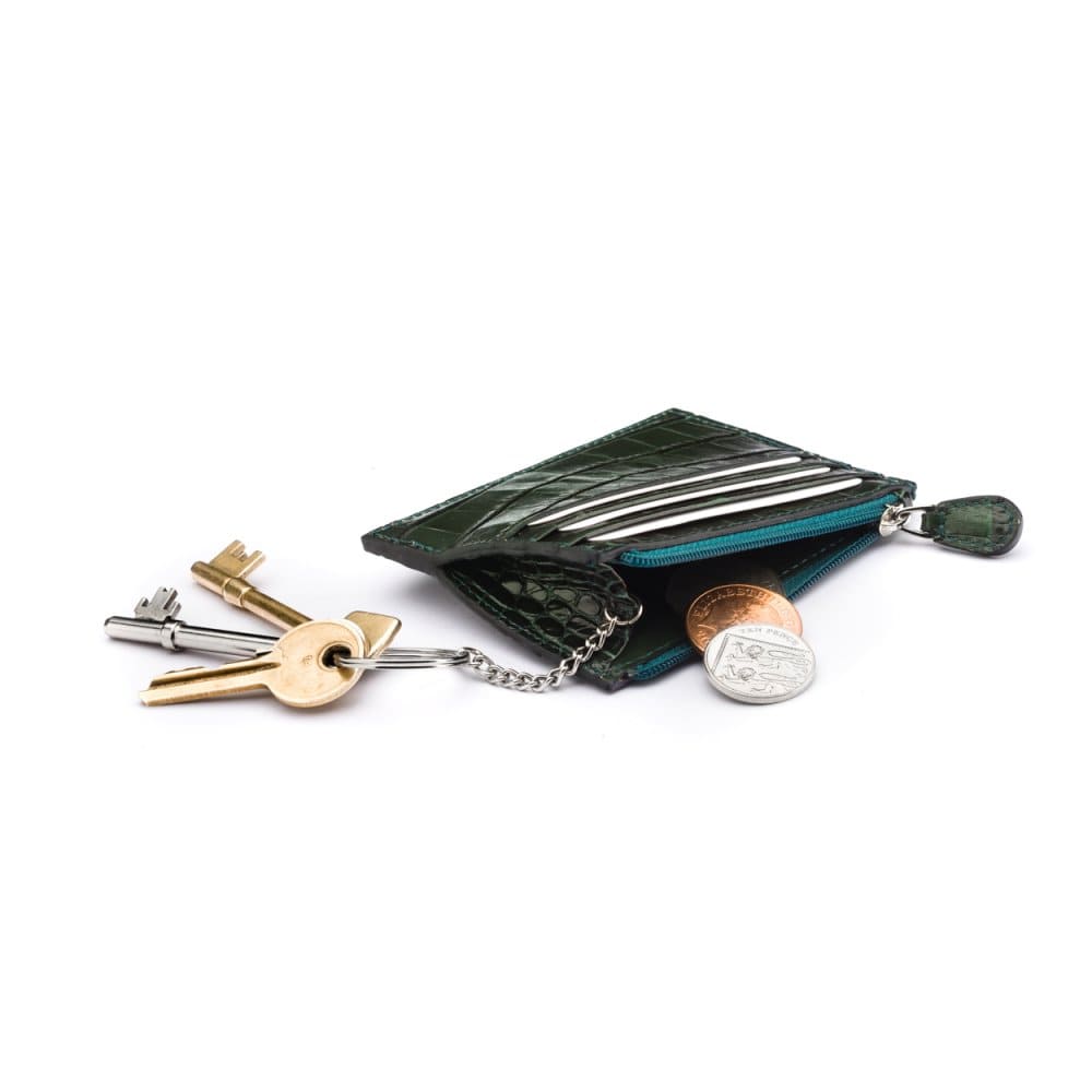 Leather card case with zip coin purse and key chain, green croc, inside
