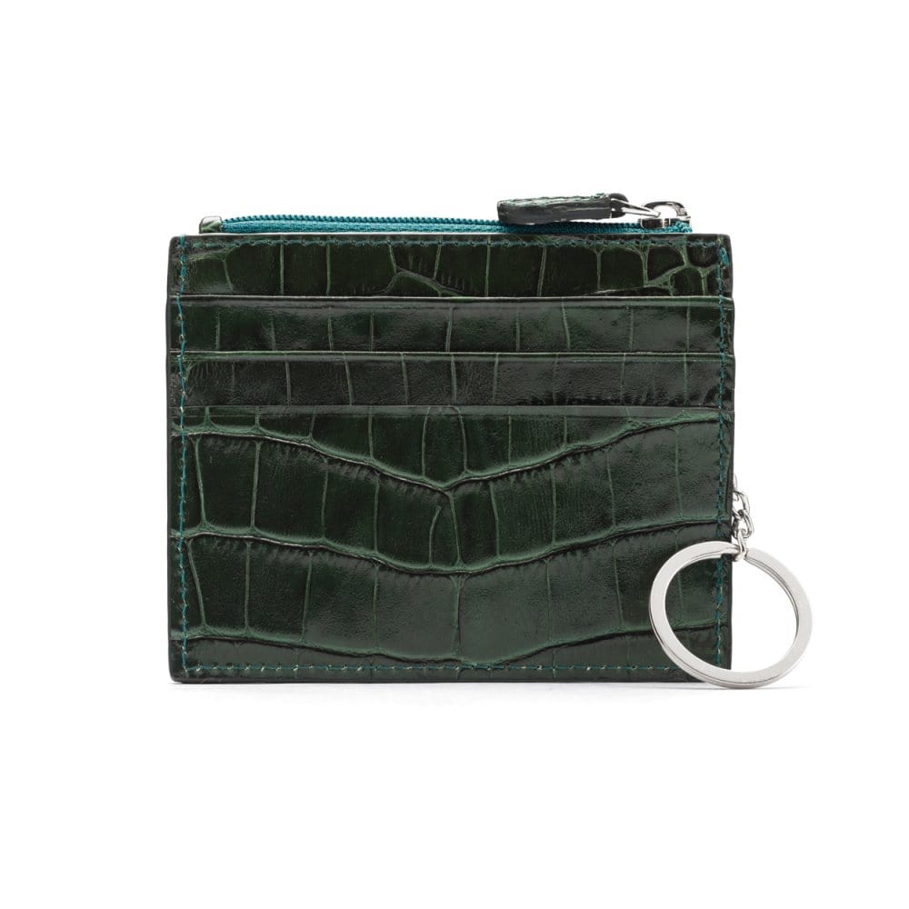 Leather card case with zip coin purse and key chain, green croc, front