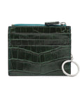 Leather card case with zip coin purse and key chain, green croc, front