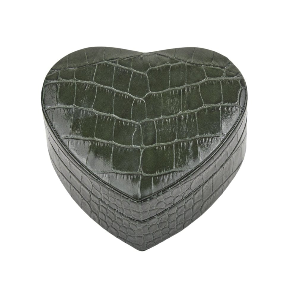Leather heart shaped jewellery box, green croc, front