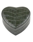 Leather heart shaped jewellery box, green croc, front