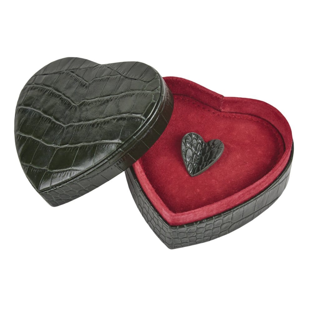 Leather heart shaped jewellery box, green croc, open