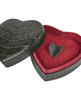 Leather heart shaped jewellery box, green croc, open