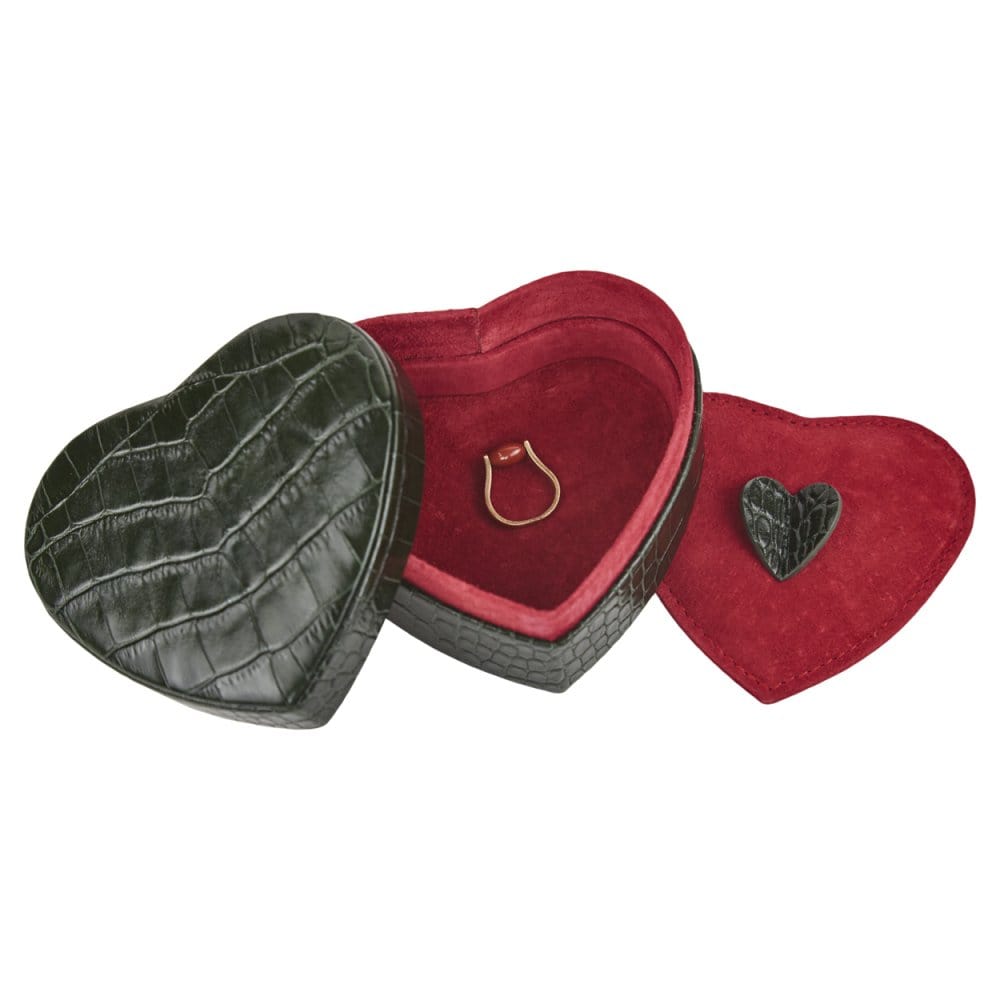 Leather heart shaped jewellery box, green croc, inside