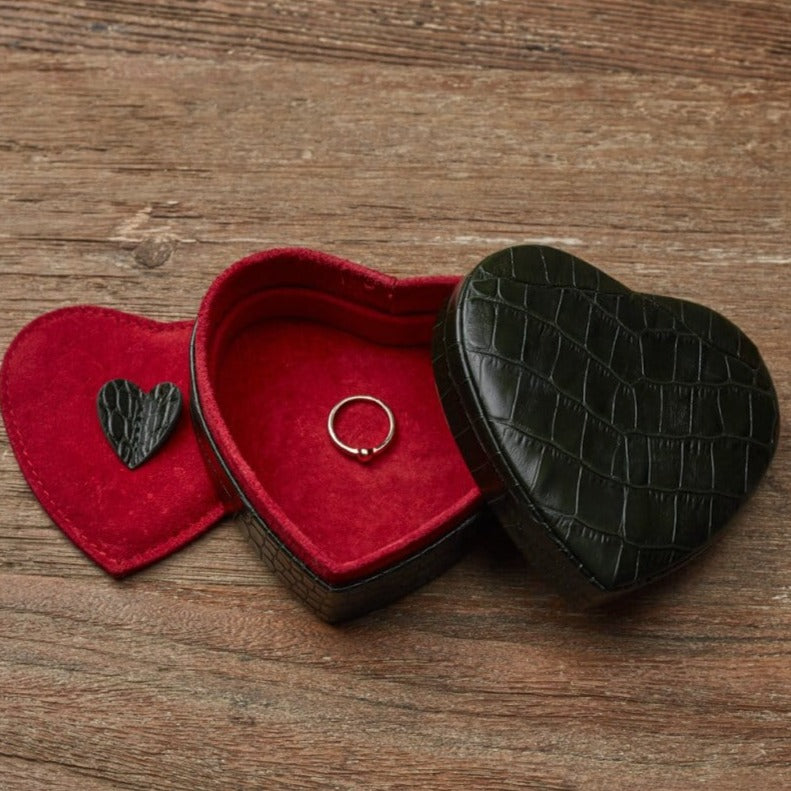 Leather heart shaped jewellery box, green croc, lifestyle