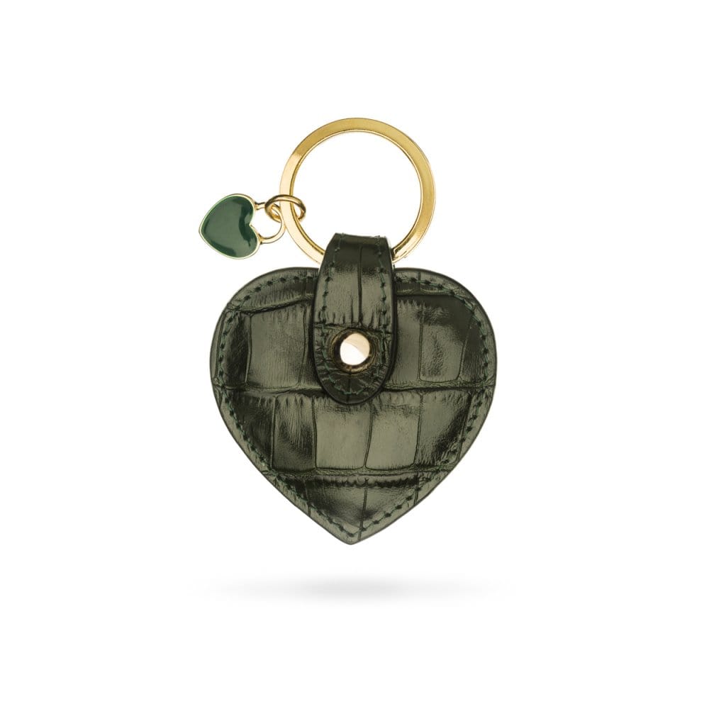 Leather heart shaped key ring, green croc, front