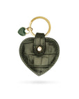 Leather heart shaped key ring, green croc, front