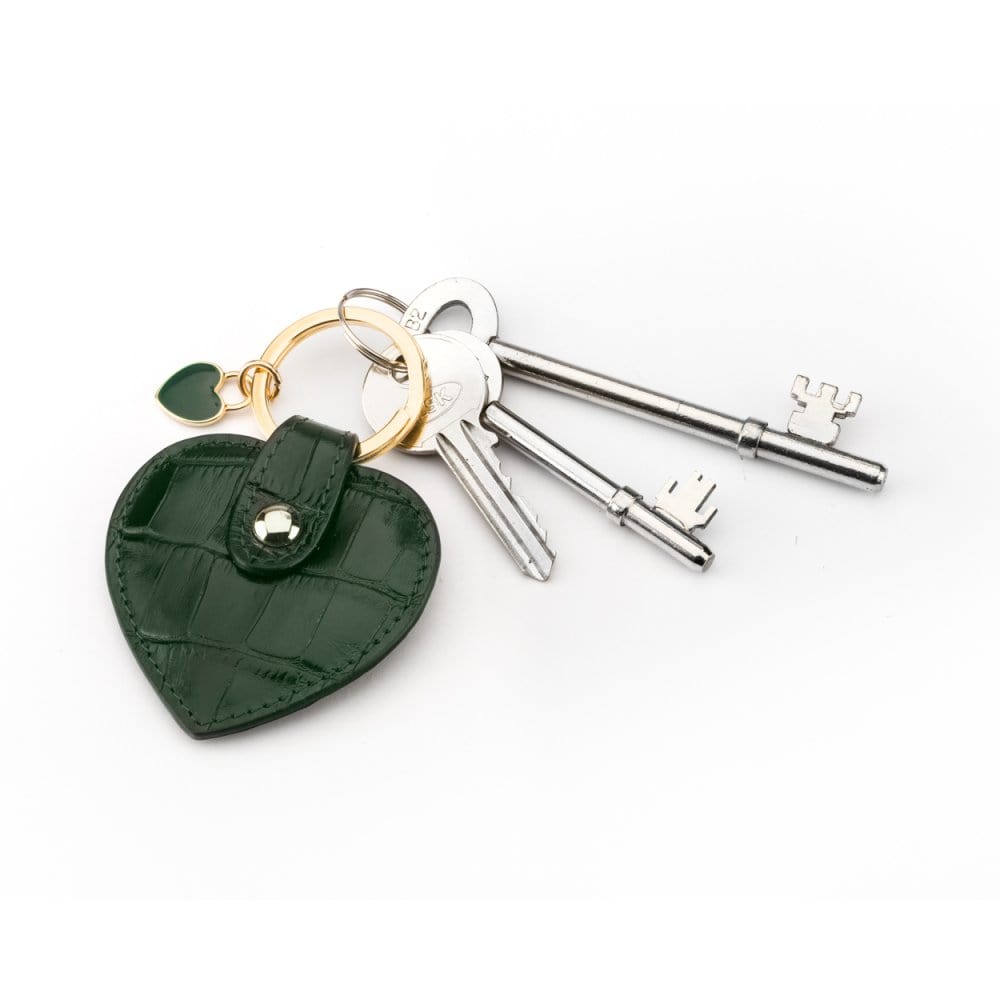 Leather heart shaped key ring, green croc