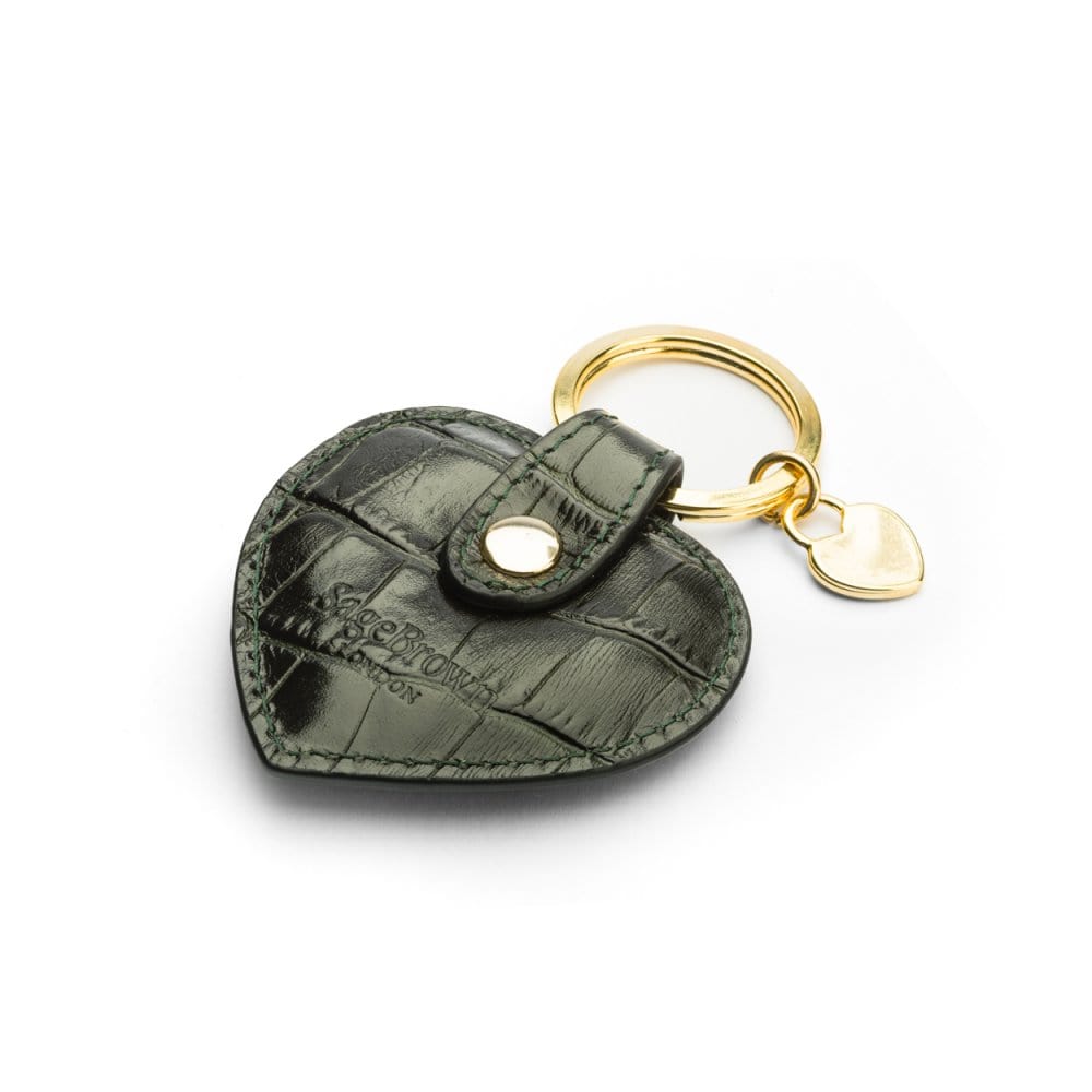 Leather heart shaped key ring, green croc, back