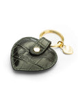 Leather heart shaped key ring, green croc, back