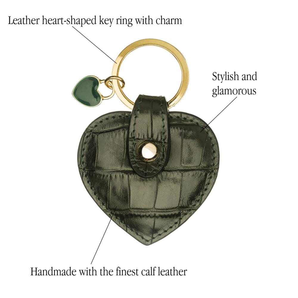 Leather heart shaped key ring, green croc, features