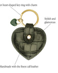 Leather heart shaped key ring, green croc, features