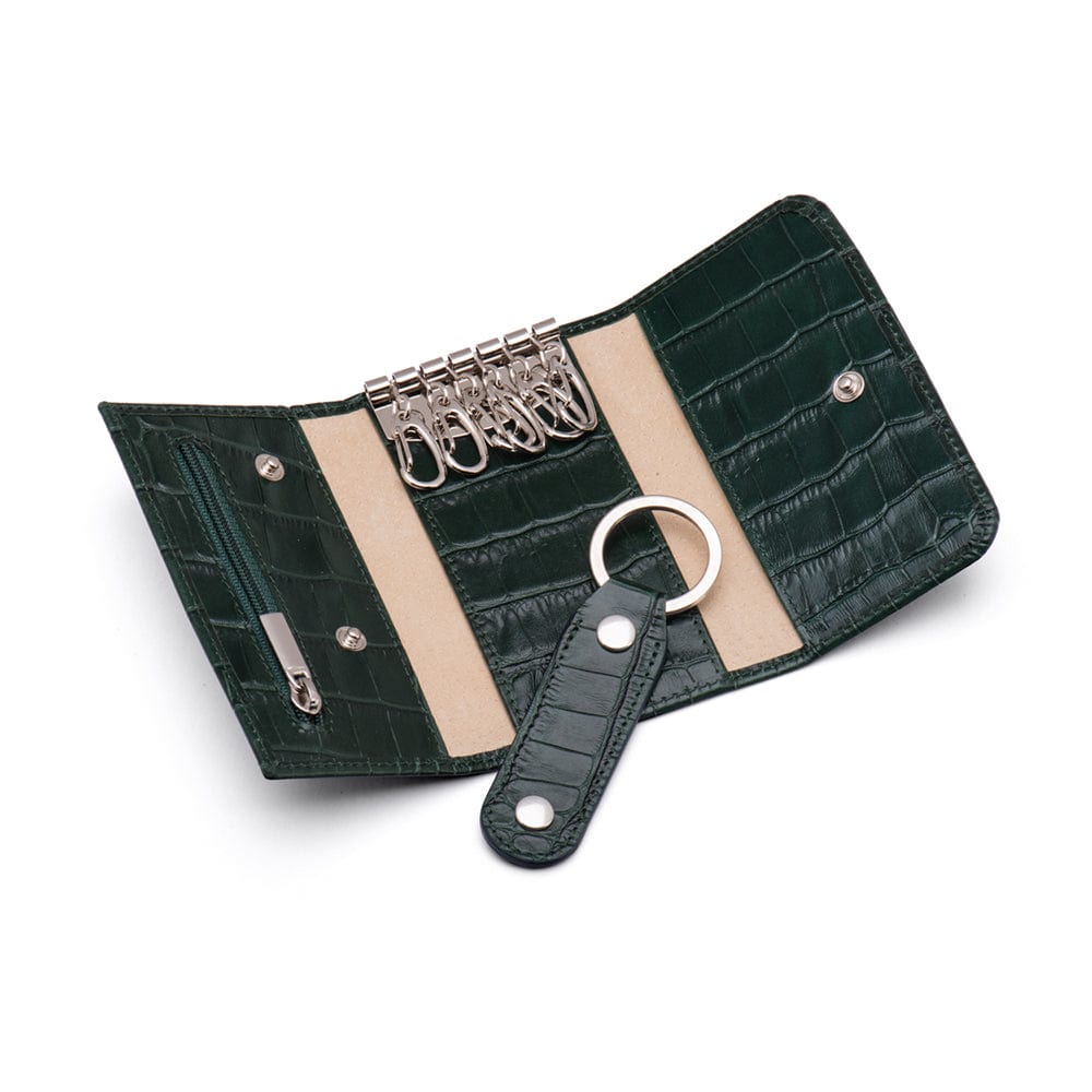 Key wallet with detachable key fob, green croc, open