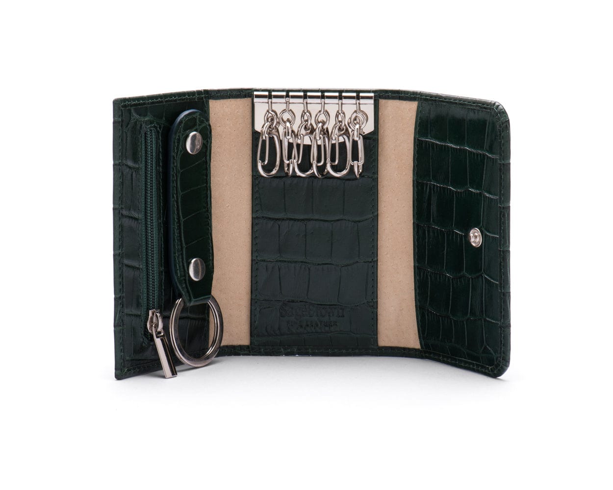 Key wallet with detachable key fob, green croc, inside