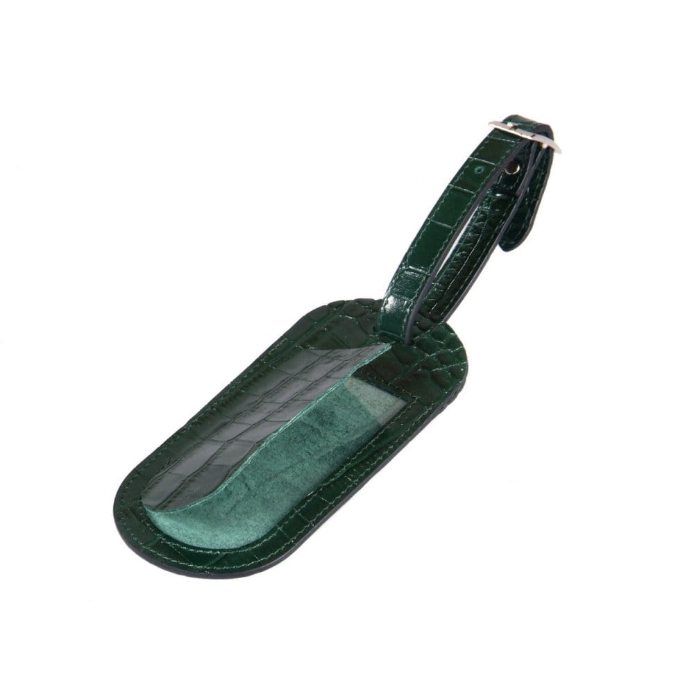 Leather luggage tag, green croc