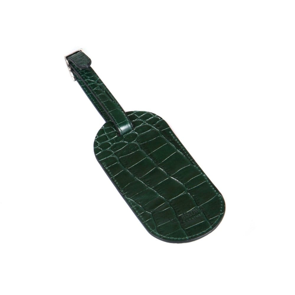 Leather luggage tag, green croc, back