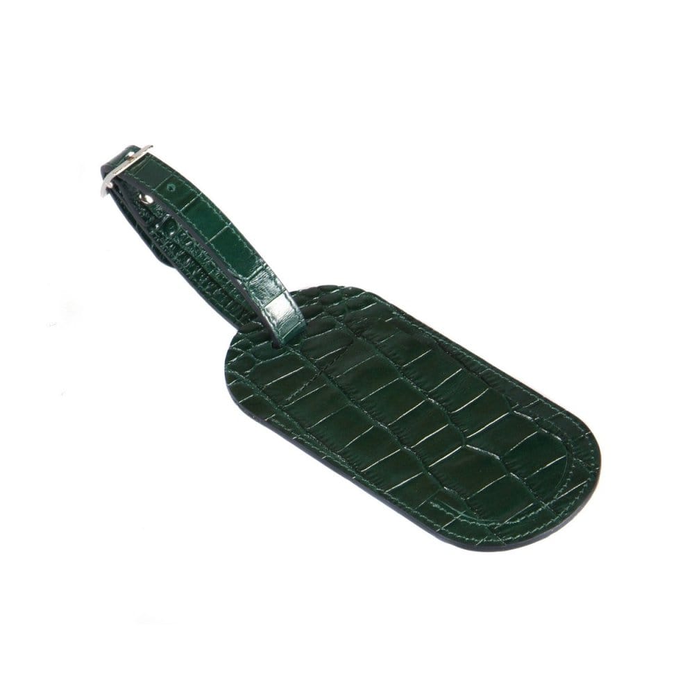 Leather luggage tag, green croc, front