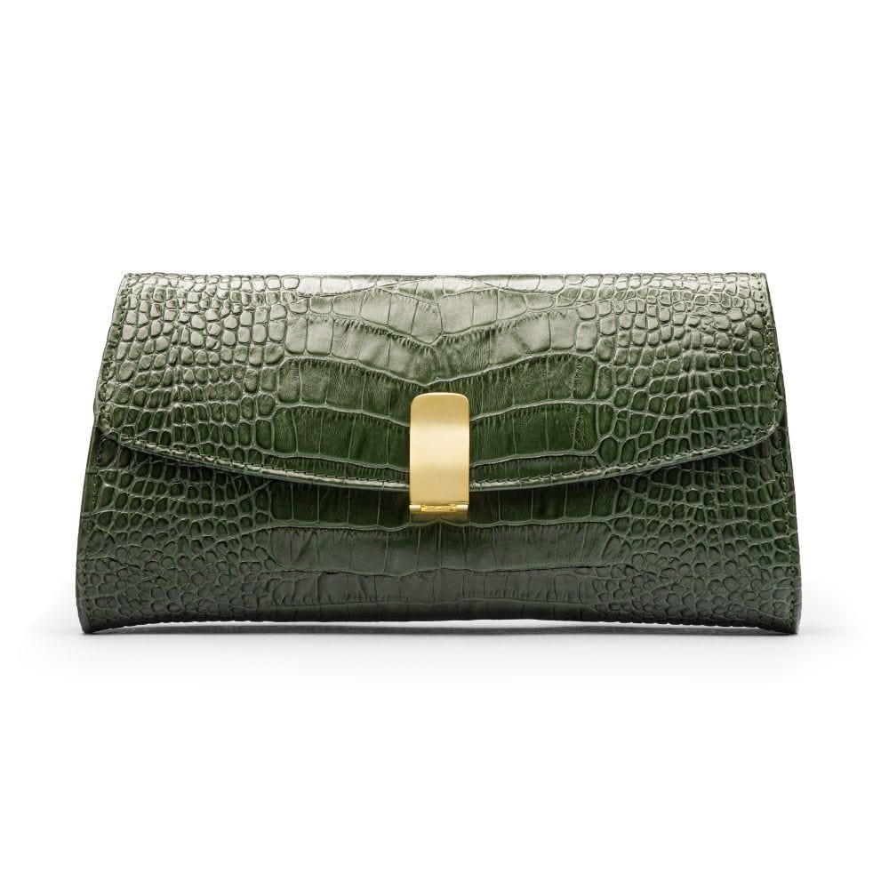 Leather clutch bag, green croc, front view