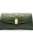 Leather clutch bag, green croc, front view