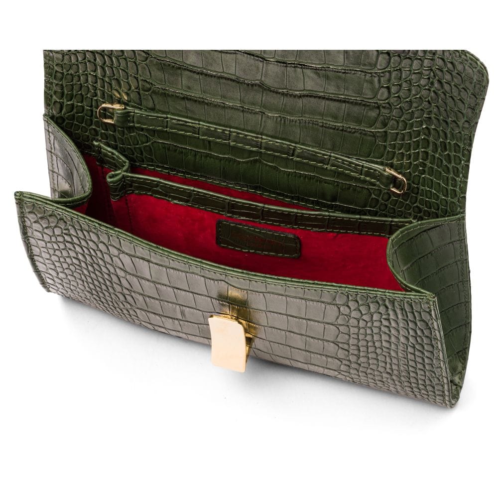 Leather clutch bag, green croc, inside view