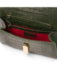 Leather clutch bag, green croc, inside view