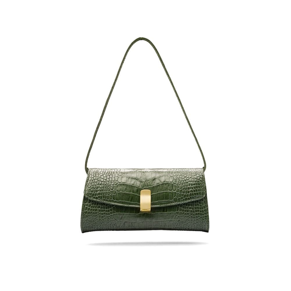 Leather clutch bag, green croc, short strap