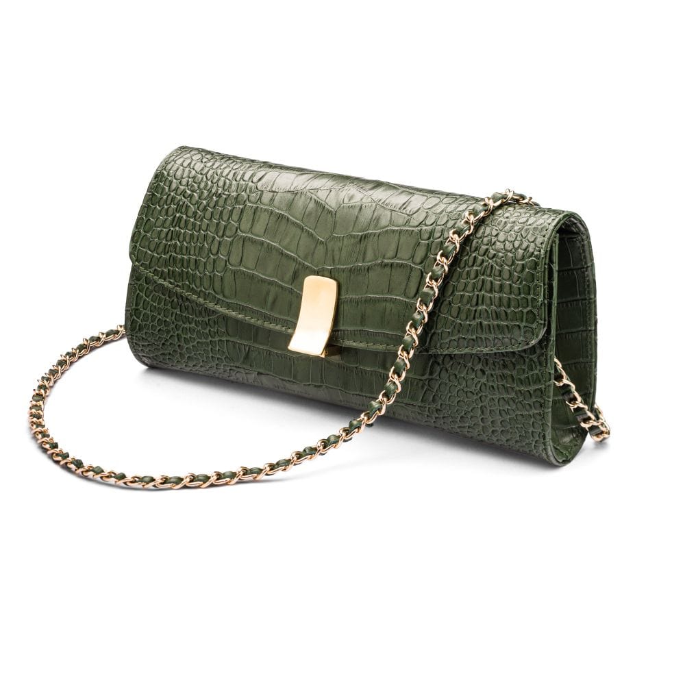 Leather clutch bag, green croc, long chain strap